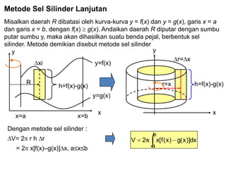 Metode Sel Silinder Lanjutan
Misalkan daerah R dibatasi oleh kurva-kurva y = f(x) dan y = g(x), garis x = a
dan garis x = b, dengan f(x) g(x). Andaikan daerah R diputar dengan sumbu
putar sumbu y, maka akan dihasilkan suatu benda pejal, berbentuk sel
silinder. Metode demikian disebut metode sel silinder
xi y=f(x)
y=g(x)
x=a x=b
R
h=f(x)-g(x)
x
y
h=f(x)-g(x)r=x
y
r= x
Dengan metode sel silinder :
V= 2 r h r
= 2 x[f(x)–g(x)] x, a x b
dx)]x(g)x(f[x2V
b
a
x
 