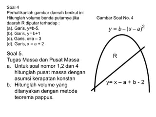 Soal 5.
Tugas Massa dan Pusat Massa
a. Untuk soal nomor 1,2 dan 4
hitunglah pusat massa dengan
asumsi kerapatan konstan
b. Hitunglah volume yang
ditanyakan dengan metode
teorema pappus.
Soal 4
Perhatikanlah gambar daerah berikut ini
Hitunglah volume benda putarnya jika
daerah R diputar terhadap :
(a). Garis, y=b-5,
(b). Garis, y= b+1
(c). Garis, x=a – 3
(d). Garis, x = a + 2
Gambar Soal No. 4
 