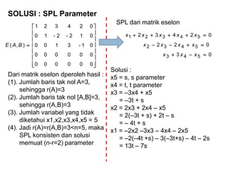 Dari matrik eselon dperoleh hasil :
(1). Jumlah baris tak nol A=3,
sehingga r(A)=3
(2). Jumlah baris tak nol [A,B]=3,
sehingga r(A,B)=3
(3). Jumlah variabel yang tidak
diketahui x1,x2,x3,x4,x5 = 5
(4). Jadi r(A)=r(A,B)=3<n=5, maka
SPL konsisten dan solusi
memuat (n-r=2) parameter

















000000
000000
01-3100
012-2-10
024321
),( BAE
SOLUSI : SPL Parameter
Solusi :
x5 = s, s parameter
x4 = t, t parameter
x3 = –3x4 + x5
= –3t + s
x2 = 2x3 + 2x4 – x5
= 2(–3t + s) + 2t – s
= – 4t + s
x1 = –2x2 –3x3 – 4x4 – 2x5
= –2(–4t +s) – 3(–3t+s) – 4t – 2s
= 13t – 7s
03
022
02432
543
5432
54321



xxx
xxxx
xxxxx
SPL dari matrik eselon
 