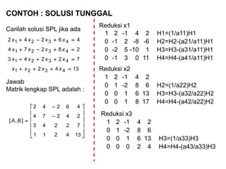 CONTOH : SOLUSI TUNGGAL
Carilah solusi SPL jika ada
Jawab
Matrik lengkap SPL adalah :
1342
72243
28274
46242
4321
4321
4321
4321




xxxx
xxxx
xxxx
xxxx















134211
72243
24274
46242
],[ BA
Reduksi x1
1 2 -1 4 2 H1=(1/a11)H1
0 -1 2 -8 -6 H2=H2-(a21/a11)H1
0 -2 5 -10 1 H3=H3-(a31/a11)H1
0 -1 3 0 11 H4=H4-(a41/a11)H1
Reduksi x2
1 2 -1 4 2
0 1 -2 8 6 H2=(1/a22)H2
0 0 1 6 13 H3=H3-(a32/a22)H2
0 0 1 8 17 H4=H4-(a42/a22)H2
Reduksi x3
1 2 -1 4 2
0 1 -2 8 6
0 0 1 6 13 H3=(1/a33)H3
0 0 0 2 4 H4=H4-(a43/a33)H3
 