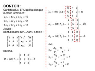 CONTOH :
Carilah solusi SPL berikut dengan
metode Crammer :
Jawab :
Bentuk matrik SPL, AX=B adalah :
Karena,
12364
12253
16342
321
321
321



xxx
xxx
xxx































12
12
16
x
x
x
364
253
342
3
2
1
4
364
253
342
)det(  AD
2
4
8
x
7
4
28
x
9
4
36
x
Jadi,
8
1264
1253
1642
)det(
28
3124
2123
3162
)det(
36
3612
2512
3416
)det(
3
3
2
2
1
1
33
22
11














D
D
D
D
D
D
AD
AD
AD
 
