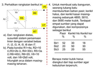 R1
R2
R3
R3
R6
R4 R5
3. Perhatikan rangkaian berikut ini
R5
R6
R7
V6
V7
a). Dari rangkaian diatas,
susunlah sistem persamaan
linier dengan variabel bebas
i1, i2, i3, i4, i5, i6 dan i7.
b). Pada kondisi R1=4a, R2=10
,R3=2b , R4=30, R5=3a
 R6=40, R6=20, V6=10
volt, dan V6=2b0 volt,
hitunglah arus dalam masing-
masing tahanan.
4. Untuk membuat satu bangunan,
seorang tukang batu
membutuhkan bahan pasir, kerikil
halus, dan kerikil kasar masing-
masing sebanyak 4800, 5810,
dan 5690 meter kubik. Terdapat
empat sumber yang dapat
digunakan, dan komposisinya
sebagai berikut
Pasir Kerikil hls Kerikil ksr
% % %
-------------------------------------------
Sb1 52 30 18
Sb2 20 50 30
Sb3 25 20 55
------------------------------------------
Berapa meter kubik harus
diangkut dari tiap sumber agar
kebutuhan terpenuhi.
 