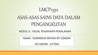 LMCP1352
ASAS-ASAS SAINS DATA DALAM
PENGANGKUTAN
NAMA : NURARISHA FATIHAH BT OSMERA
NO MATRIK : A171944
MODUL 6 : VISUAL PENJANAAN PERJALANAN
 