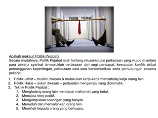 1. Politik Jahat – mudah dikesan & melakukan kerja-kerja mensabotaj kerja orang lain.
2. Politik Halus – sukar dikesan – perbuatan mengampu yang diplomatik.
3. Teknik Politik Pejabat ;
1. Menghalang orang lain mendapat maklumat yang betul.
2. Mencipta imej positif.
3. Mengumpulkan sokongan yang banyak.
4. Menuduh dan menyalahkan orang lain.
5. Memihak kepada orang yang berkuasa.
Apakah maksud Politik Pejabat?
Secara mudahnya, Politik Pejabat ialah tentang situasi-situasi perbezaan yang wujud di antara
para pekerja syarikat termasuklah perbezaan dari segi pendapat, kewujudan konflik akibat
percanggahan kepentingan, perbezaan cara-cara berkomunikasi serta perhubungan sesama
pekerja.
 