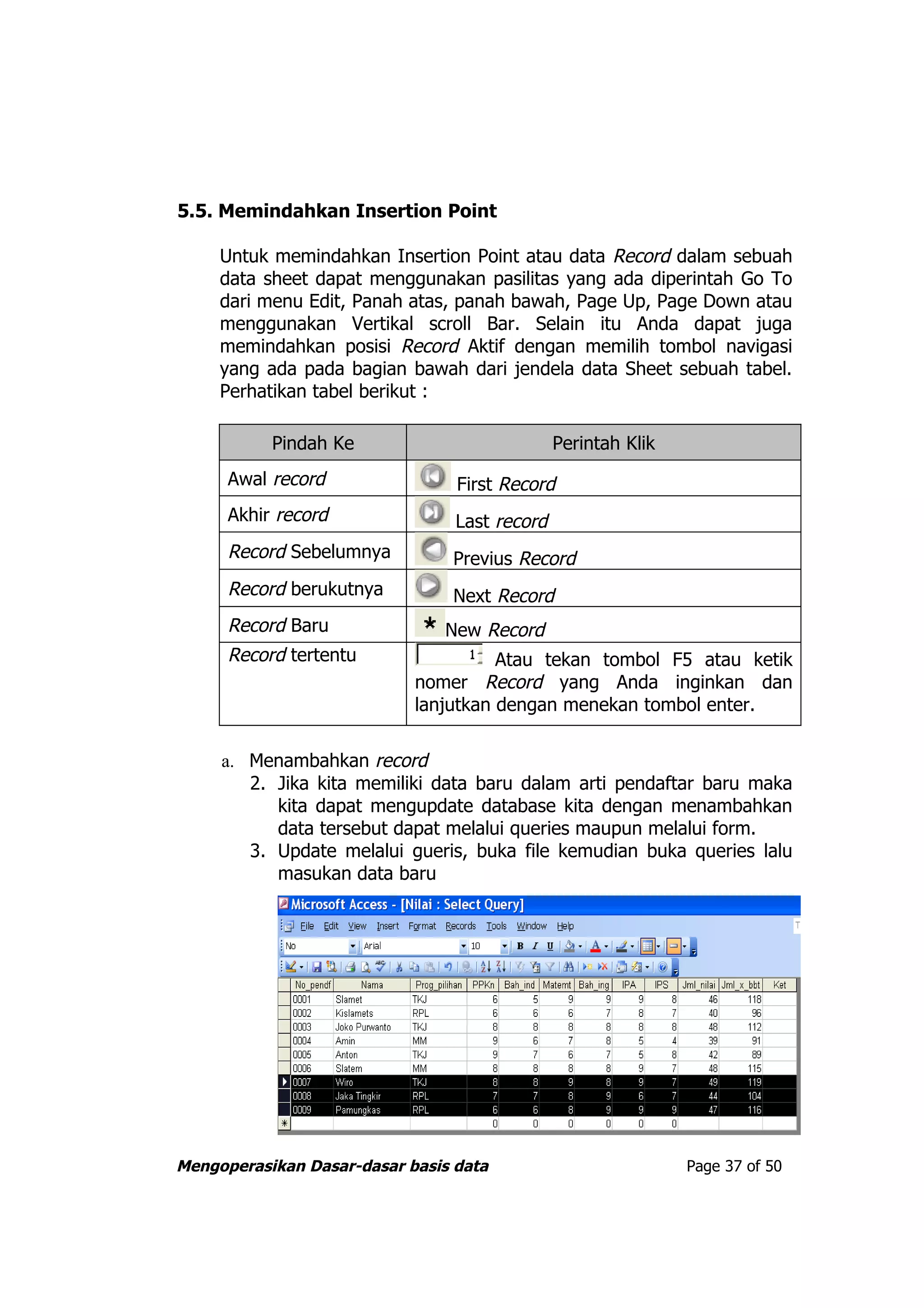 5.5. Memindahkan Insertion Point

     Untuk memindahkan Insertion Point atau data Record dalam sebuah
     data sheet dapat menggunakan pasilitas yang ada diperintah Go To
     dari menu Edit, Panah atas, panah bawah, Page Up, Page Down atau
     menggunakan Vertikal scroll Bar. Selain itu Anda dapat juga
     memindahkan posisi Record Aktif dengan memilih tombol navigasi
     yang ada pada bagian bawah dari jendela data Sheet sebuah tabel.
     Perhatikan tabel berikut :

           Pindah Ke                           Perintah Klik
      Awal record                First Record
      Akhir record               Last record
      Record Sebelumnya         Previus Record
      Record berukutnya         Next Record
      Record Baru              New Record
      Record tertentu                 Atau tekan tombol F5 atau ketik
                            nomer Record yang Anda inginkan dan
                            lanjutkan dengan menekan tombol enter.


     a. Menambahkan record
        2. Jika kita memiliki data baru dalam arti pendaftar baru maka
           kita dapat mengupdate database kita dengan menambahkan
           data tersebut dapat melalui queries maupun melalui form.
        3. Update melalui gueris, buka file kemudian buka queries lalu
           masukan data baru




Mengoperasikan Dasar-dasar basis data                          Page 37 of 50
 