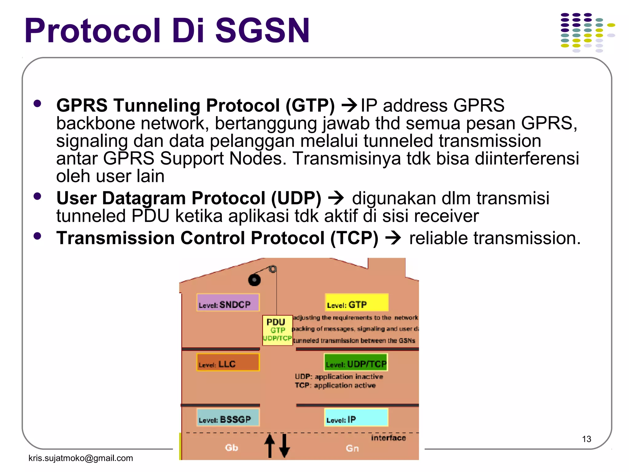 13
Protocol Di SGSN
 GPRS Tunneling Protocol (GTP) IP address GPRS
backbone network, bertanggung jawab thd semua pesan GPRS,
signaling dan data pelanggan melalui tunneled transmission
antar GPRS Support Nodes. Transmisinya tdk bisa diinterferensi
oleh user lain
 User Datagram Protocol (UDP)  digunakan dlm transmisi
tunneled PDU ketika aplikasi tdk aktif di sisi receiver
 Transmission Control Protocol (TCP)  reliable transmission.
kris.sujatmoko@gmail.com
 