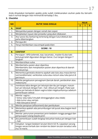 Modul Pendidikan Jarak Jauh, Pendidikan Tinggi Kesehatan
17
Anda dinyatakan kompeten apabla anda sudah melaksanakan asuhan pada ibu bersalin
kala II normal dengan nilai minimal 80 terhadap 5 Ibu.
3.	 Checklist
NO BUTIR YANG DINILAI
NILAI
2 1 0
A. SIKAP
1. Menyambut pasien dengan ramah dan sopan
2. Menjelaskan tujuan dan prosedur yang akan dilakukan
3. Atur posisi ibu berbaring terlentang dengan lutut ditekuk dan
paha dibentangkan
4. Percaya diri
5. Teruji memberikan rasa empati pada klien
SCORE : 10
B. CONTENT
6. Persiapan : APD (celemek, topi, kacamata , masker & alas kaki
tertutup) telah digunakan dengan benar, Cuci tangan dengan 7
langkah
7. Membersihkan vulva
8. Memberitahu pasien akan diperiksa
Memberitahu dan menjelaskan pasien akan diperiksa di daerah
kemaluannya
9. Memeriksa genetalia eksterna apakah ada luka atau masa (terma-
suk kondilomata) varikositas vulva atau rectum atau luka parut di
perineum
10. Menilai pengeluaran pervaginam (bercak darah, perdarahan atau
mekonium)
11. membuka labia dengan jari telunjuk dan ibu jari tangan, masuk-
kan jari telunjuk dengan hati – hati diikuti jari tengah. Pada saat
kedua jari berada di dalam vagina tidak megeluarkannya sebelum
pemeriksaan selesai
12. Menilai vagina :
• lentur atau kaku? (mudah direnggangkan atau tidak)
• Ada tumor atau varises
• Ada luka parut lama?
13 Menilai penipisan (effacement) dan pembukaan
14 Memeriksa apakah ada penumbungan tali pusat atau bagian kecil
dari janin?
15 Menilai penurunan presentasi janin kedalam rongga panggul dan
penyusupan tulang kepala janin
16 Jika pemeriksaan sudah lengkap keluarkan kedua jari dengan hati
– hati
17 Celupkan tangan kedalam larutan klorin 0,5 %. Lepaskan sarung
tangan secara terbaik dan rendam ke dalam larutan tersebut sela-
ma 10 menit.
 