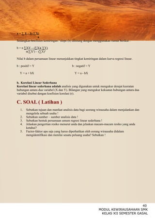 40
MODUL KEWIRAUSAHAAN SMK
KELAS XII SEMESTER GASAL
a = ∑ Y – b (∑X)
n
Sedangkan koefisien kemiringan / slope (b) dihitung dengan menggunakan rumus berikut :
b = n ∑XY – (∑X)( ∑Y)
n(∑X2
) – (∑X)2
Nilai b dalam persamaan linear menunjukkan tingkat kemiringan dalam kurva regresi linear.
b : positif = Y b : negatif = Y
Y = a + bX Y = a - bX
b. Korelasi Linear Sederhana
Korelasi linear sederhana adalah analisis yang digunakan untuk mengukur derajat keeratan
hubungan antara dua variabel (X dan Y). Bilangan yang mengukur kekuatan hubungan antara dua
variabel disebut dengan koefisien korelasi (r).
C. SOAL ( Latihan )
1. Sebutkan tujuan dan manfaat analisis data bagi seorang wirausaha dalam menjalankan dan
mengelola sebuah usaha !
2. Sebutkan sumber – sumber analisis data !
3. Sebutkan bentuk persamaan umum regresi linear sederhana !
4. Jelaskan pengertian resiko menurut anda dan jelaskan macam-macam resiko yang anda
ketahui?
5. Factor-faktor apa saja yang harus diperhatikan oleh eorang wirausaha didalam
mengidentifikasi dan menilai seuatu peluang usaha? Sebutkan !
 