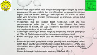 • Korosi celah dapat terjadi pada tempat-tempat pengelasan (gbr. a), dimana
pengelasan titik atau metoda lain menghimpitkan lempengan-lempengan
logam dititik-titik tertentu sehingga memungkinkan air masuk ke celah-
celah yang terbentuk. Dengan menggunakan las menerus, semua mulut
celah akan tertutup.
• Pengelingan dua plat vertical dapat membentuk celah jika bila
pemasangannya salah (gbr. b). Mulut celah dibagian luar harus
menghadap ke bawah, dan juga sebaiknya digunakan penyekat untuk
mencegah masuknya air secara kapiler.
• Sambungan-sambungan bertepi lengkung berpeluang menjadi perangkap
air (Gbr. c). Dilakukan pencegahan dengan penyekat yang rapat.
• Korosi celah juga dapat terjadi pada tepi lembaran baja yang dilipat (Gbr.
d).
• Penataan geometrik yang benar sangat penting untuk meniadakan celah-
celah dalam struktur yang menghadap ke udara bebas (Gbr. e). Perlu juga
diperhatikan kemungkinan terjadinya korosi logam tak sejenis antara plat
dan baut.
• Konstruksi dengan tepi dan sudut lengkung lebih baik (Gbr. f).
 