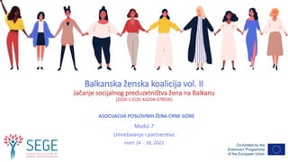 Balkanska ženska koalicija vol. II
Jačanje socijalnog preduzetništva žena na Balkanu
(2020-1-EL01-KA204-078936)
Modul 7
Umrežavanje i partnerstvo
mart 14 - 18, 2022
ASOCIJACIJA POSLOVNIH ŽENA CRNE GORE
 