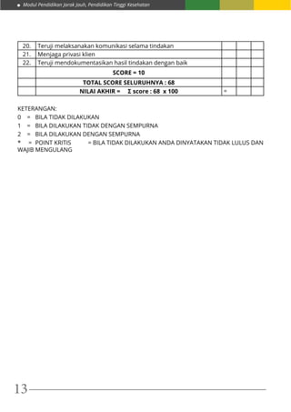 Modul Pendidikan Jarak Jauh, Pendidikan Tinggi Kesehatan
13
20. Teruji melaksanakan komunikasi selama tindakan
21. Menjaga privasi klien
22. Teruji mendokumentasikan hasil tindakan dengan baik
SCORE = 10
TOTAL SCORE SELURUHNYA : 68
NILAI AKHIR = Σ score : 68 x 100 =
KETERANGAN:
0 = 	 BILA TIDAK DILAKUKAN
1 = 	 BILA DILAKUKAN TIDAK DENGAN SEMPURNA
2 =	 BILA DILAKUKAN DENGAN SEMPURNA
* =	 POINT KRITIS	 = BILA TIDAK DILAKUKAN ANDA DINYATAKAN TIDAK LULUS DAN
WAJIB MENGULANG
 