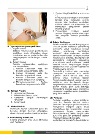 Modul Pendidikan Jarak Jauh, Pendidikan Tinggi Kesehatan
2
II. Tujuan pembelajaran praktikum
1.	 Tujuan Umum
Setelah melaksanakan pembelajaran
praktikum anda diharapkan dapat
melakukan asuhan pada ibu bersalin
dengan penyulit sesuai dengan standar
SOAP
2.	 Tujuan khusus
Setelah melaksanakan praktikum
mahasiswa dapat:
a.	Asuhan Kebidanan Pada Ibu
Bersalin Dengan Distocia Bahu
b.	Asuhan Kebidanan pada Ibu
Bersalin dengan letak muka
c.	Asuhan Kebidanan pada Ibu
Bersalin dengan letak sungsang
d.	Mendokumentasikan Asuhan
Persalinan dengan metode SOAP
III. Tempat Praktik:
1.	 Laboratorium Kampus
2.	 Bidan Praktik Swasta (BPM)
3.	 Puskesmas dengan Pertolongan
Persalinan
4.	 Rumah Sakit
IV. Alokasi Waktu:
Praktikum Asuhan Kebidanan pada ibu
bersalin dengan Penyulit diharapkan
dapat diselesaikan dalam waktu 4 x 4 jam
V. Pembimbing Praktikum
Selama praktikum anda akan dibimbing
oleh Fasilitator:
1.	 Pembimbing Klinik (Clinical Instructur/
CI)
CI ditunjuk dan ditetapkan oleh atasan
tempat anda melakukan praktik,
dengan latar belakang pendidikan
minimal adalah D-III Kebidanan dan
mempunyai pengalaman praktik
minimal 2 tahun.
2.	 Pembimbing Institusi adalah
pembimbing yang mendapatkan tugas
dari pimpinan institusi pendidikan
anda.
VI. Teknis Bimbingan
Sebelummelakukanpraktikumyanganda
lakukan adalah menemui pembimbing
institusi/CI untuk melakukan kontrak
belajar, selanjutnya pembimbing
institusi/CI akan melakukan simulasi
kemudian anda diberi kesempatan untuk
melakukan re simulasi. didampingi oleh
pembimbing institusi/CI, selanjutnya
anda diminta untuk melakukan praktik
mandiri secara berpasangan dengan
berpedoman SOP (Standar Operasional
Prosedur) yang berlaku
Pembimbing institusi akan memantau
pencapaian kompetensi anda melalui
Supervisi secara berkala atau anda
diminta untuk membuat laporan
Portofolio dalam bentuk Laporan Asuhan
Kebidanan pada Ibu Bersalin dengan
PenyulitmelaluimediaElektronikmaupun
dikirim melalui post surat sehingga
Pembimbing Institusi dapat memonitor
pencapaian target kompetensi praktikum
yang anda lakukan.
VII. Penilaian
Penilaian praktikum asuhan kebidanan
pada Ibu Bersalin Normal meliputi
penilaian penampilan praktikum secara
menyeluruh meliputi aspek sikap,
pengetahuan dan keterampilan secara
menyeluruh dengan menggunakan
format penilaian (Cheklist) dengan bobot
80% serta penilaian portofolio (laporan
Praktikum) dengan bobot 20%
JumlahlaporantertulisAsuhanKebidanan
Gambar : Pemeriksaan Ibu hamil
 