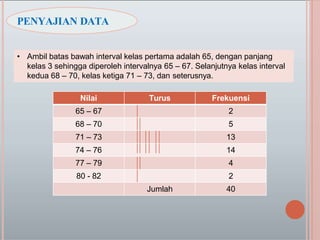 PENYAJIAN DATA
Nilai Turus Frekuensi
65 – 67 2
68 – 70 5
71 – 73 13
74 – 76 14
77 – 79 4
80 - 82 2
Jumlah 40
• Ambil batas bawah interval kelas pertama adalah 65, dengan panjang
kelas 3 sehingga diperoleh intervalnya 65 – 67. Selanjutnya kelas interval
kedua 68 – 70, kelas ketiga 71 – 73, dan seterusnya.
 