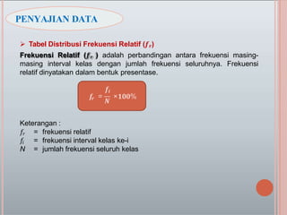  Tabel Distribusi Frekuensi Relatif (𝒇𝒓)
Frekuensi Relatif (𝒇𝒓 ) adalah perbandingan antara frekuensi masing-
masing interval kelas dengan jumlah frekuensi seluruhnya. Frekuensi
relatif dinyatakan dalam bentuk presentase.
Keterangan :
𝑓𝑟 = frekuensi relatif
𝑓𝑖 = frekuensi interval kelas ke-i
N = jumlah frekuensi seluruh kelas
𝒓
𝑵
𝒇𝒊
𝒇 = ×𝟏𝟎𝟎%
PENYAJIAN DATA
 