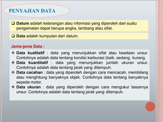  Datum adalah keterangan atau informasi yang diperoleh dari suatu
pengamatan dapat berupa angka, lambang atau sifat.
 Data adalah kumpulan dari datum.
Jenis-jenis Data :
 Data kualitatif : data yang menunjukkan sifat atau keadaan unsur.
Contohnya adalah data tentang kondisi karburasi (baik, sedang, kurang.
 Data kuantitatif : data yang menunjukkan jumlah ukuran unsur.
Contohnya adalah data tentang jarak yang ditempuh.
 Data cacahan : data yang diperoleh dengan cara mencacah, membilang
atau menghitung banyaknya objek. Contohnya data tentang banyaknya
sepeda motor.
 Data ukuran : data yang diperoleh dengan cara mengukur besarnya
unsur. Contohnya adalah data tentang jarak yang ditempuh.
PENYAJIAN DATA
 