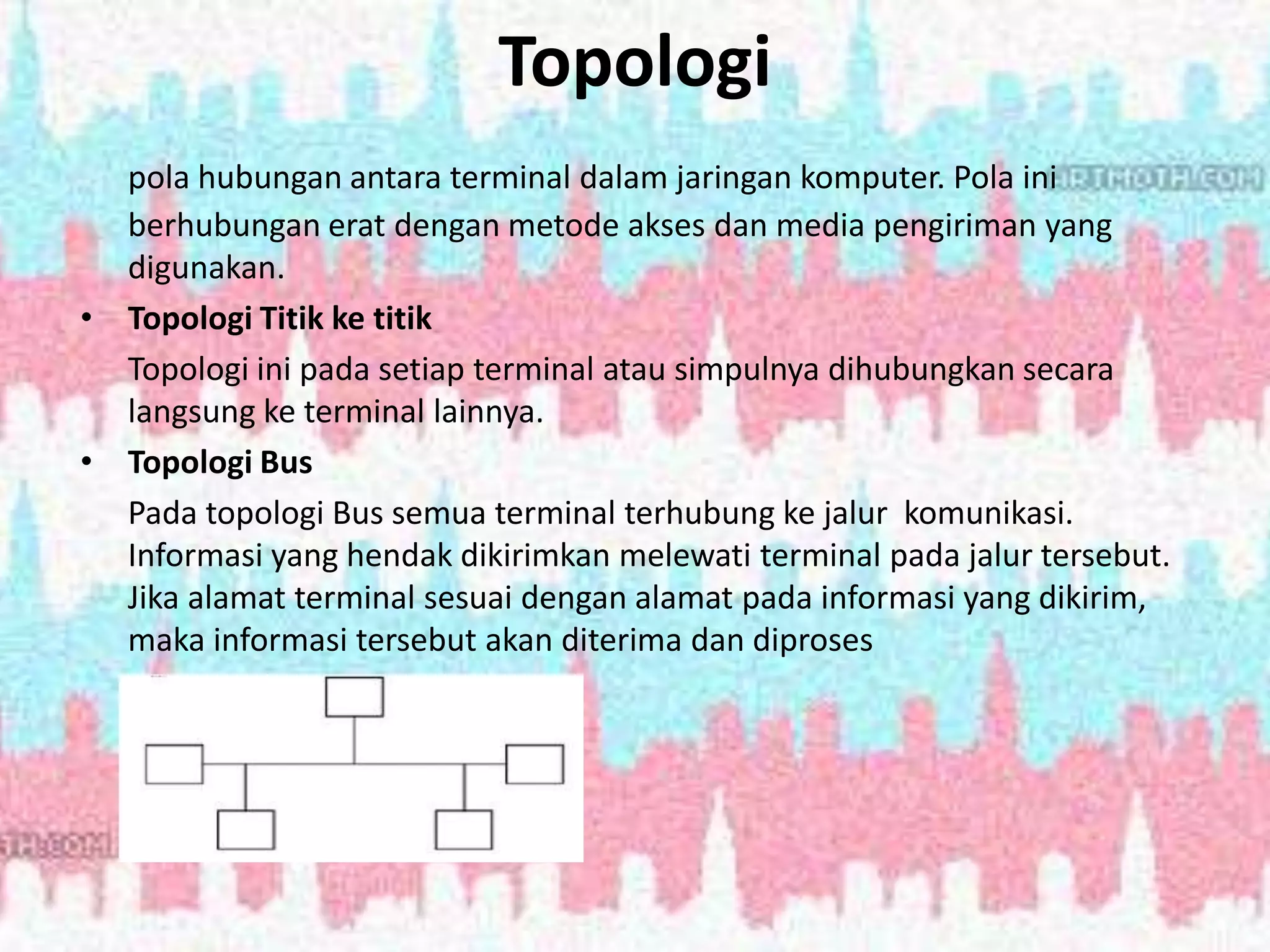 Topologi
pola hubungan antara terminal dalam jaringan komputer. Pola ini
berhubungan erat dengan metode akses dan media pengiriman yang
digunakan.
• Topologi Titik ke titik
Topologi ini pada setiap terminal atau simpulnya dihubungkan secara
langsung ke terminal lainnya.
• Topologi Bus
Pada topologi Bus semua terminal terhubung ke jalur komunikasi.
Informasi yang hendak dikirimkan melewati terminal pada jalur tersebut.
Jika alamat terminal sesuai dengan alamat pada informasi yang dikirim,
maka informasi tersebut akan diterima dan diproses
 