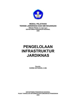 MODUL PELATIHAN
                       TEKNISI JARDIKNAS DAN SIM KEUANGAN
                                          Satuan Kerja di Lingkungan
                                       DEPARTEMEN PENDIDIKAN NASIONAL
                                                    2009




                             PENGELOLAAN
                            INFRASTRUKTUR
                               JARDIKNAS

                                                  Penulis:
                                            DARMA SETIAWAN, A.Md




                              DEPARTEMEN PENDIDIKAN NASIONAL
                    PUSAT TEKNOLOGI INFORMASI DAN KOMUNIKASI PENDIDIKAN
                                           2009


• Pelatihan Teknisi Jardiknas dan SIM Keu            0                  • Pengelolaan Infrastruktur Jardiknas
 Satker di Lingkungan Depdiknas 2009
 