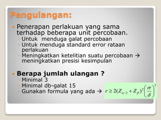 Pengulangan:
 Penerapan perlakuan yang sama
terhadap beberapa unit percobaan.
◦ Untuk menduga galat percobaan
◦ Untuk menduga standard error rataan
perlakuan
◦ Meningkatkan ketelitian suatu percobaan 
meningkatkan presisi kesimpulan
 Berapa jumlah ulangan ?
◦ Minimal 3
◦ Minimal db-galat 15
◦ Gunakan formula yang ada 
2
2
2
/ )
(
2 










 Z
Z
r
 
