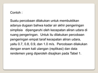 Contoh :
Suatu percobaan dilakukan untuk membuktikan
adanya dugaan bahwa kadar air akhir pengeringan
simplisia dipengaruhi oleh kecepatan aliran udara di
ruang pengeringan. Untuk itu dilakukan percobaan
pengeringan empat taraf kecepatan aliran udara,
yaitu 0.7, 0.8, 0.9, dan 1.0 m/s. Percobaan dilakukan
dengan enam kali ulangan (replikasi) dan data
rendemen yang diperoleh disajikan pada Tabel 1.
 