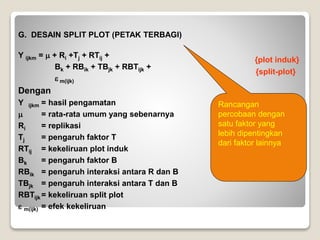G. DESAIN SPLIT PLOT (PETAK TERBAGI)
Y ijkm =  + Ri +Tj + RTij +
Bk + RBik + TBjk + RBTijk +
 m(ijk)
Dengan
Y ijkm = hasil pengamatan
 = rata-rata umum yang sebenarnya
Ri = replikasi
Tj = pengaruh faktor T
RTij = kekeliruan plot induk
Bk = pengaruh faktor B
RBik = pengaruh interaksi antara R dan B
TBjk = pengaruh interaksi antara T dan B
RBTijk = kekeliruan split plot
 m(ijk) = efek kekeliruan
{plot induk}
{split-plot}
Rancangan
percobaan dengan
satu faktor yang
lebih dipentingkan
dari faktor lainnya
 