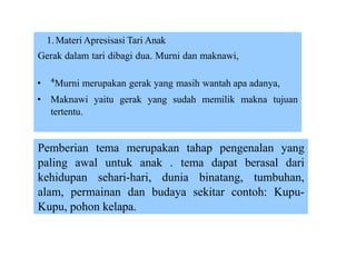 1.Materi Apresisasi Tari Anak
Gerak dalam tari dibagi dua. Murni dan maknawi,
• ⁴Murni merupakan gerak yang masih wantah apa adanya,
• Maknawi yaitu gerak yang sudah memilik makna tujuan
tertentu.
Pemberian tema merupakan tahap pengenalan yang
paling awal untuk anak . tema dapat berasal dari
kehidupan sehari-hari, dunia binatang, tumbuhan,
alam, permainan dan budaya sekitar contoh: Kupu-
Kupu, pohon kelapa.
 