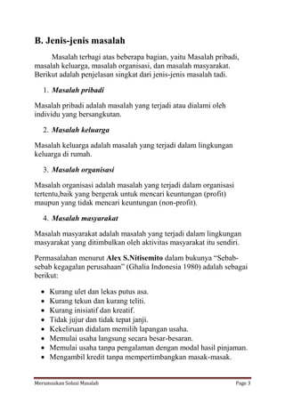B. Jenis-jenis masalah 
Masalah terbagi atas beberapa bagian, yaitu Masalah pribadi, 
masalah keluarga, masalah organisasi, dan masalah masyarakat. 
Berikut adalah penjelasan singkat dari jenis-jenis masalah tadi. 
1. Masalah pribadi 
Masalah pribadi adalah masalah yang terjadi atau dialami oleh 
individu yang bersangkutan. 
2. Masalah keluarga 
Masalah keluarga adalah masalah yang terjadi dalam lingkungan 
keluarga di rumah. 
3. Masalah organisasi 
Masalah organisasi adalah masalah yang terjadi dalam organisasi 
tertentu,baik yang bergerak untuk mencari keuntungan (profit) 
maupun yang tidak mencari keuntungan (non-profit). 
4. Masalah masyarakat 
Masalah masyarakat adalah masalah yang terjadi dalam lingkungan 
masyarakat yang ditimbulkan oleh aktivitas masyarakat itu sendiri. 
Permasalahan menurut Alex S.Nitisemito dalam bukunya “Sebab-sebab 
kegagalan perusahaan” (Ghalia Indonesia 1980) adalah sebagai 
berikut: 
 Kurang ulet dan lekas putus asa. 
 Kurang tekun dan kurang teliti. 
 Kurang inisiatif dan kreatif. 
 Tidak jujur dan tidak tepat janji. 
 Kekeliruan didalam memilih lapangan usaha. 
 Memulai usaha langsung secara besar-besaran. 
 Memulai usaha tanpa pengalaman dengan modal hasil pinjaman. 
 Mengambil kredit tanpa mempertimbangkan masak-masak. 
Merumuskan Solusi Masalah Page 3 
 
