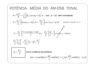 POTÊNCIA MÉDIA DO AM-DSB TONAL
])(2cos[
2
])(2cos[
2
)2cos()( tff
A
tff
A
tfAts mc
c
mc
c
cc −+++= π
µ
π
µ
π
 