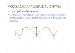 MODULAÇÃO (ANALÓGIA E/OU DIGITAL)
O que significa modular um sinal ?
O processo de modulação consiste em se transladar o espectro
de freqüências do sinal original para uma faixa de freqüências
mais alta.
 