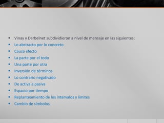  Vinay y Darbelnet subdividieron a nivel de mensaje en las siguientes:
 Lo abstracto por lo concreto
 Causa efecto
 La parte por el todo
 Una parte por otra
 Inversión de términos
 Lo contrario negativado
 De activa a pasiva
 Espacio por tiempo
 Replanteamiento de los intervalos y límites
 Cambio de símbolos
 