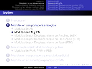 Introducción    Modulación AM
               Modulación con portadora analógica     Modulación FM y PM
         Muestreo de señal: Modulación por pulsos     Modulación por Desplazamiento en Amplitud (ASK)
      Modulación con portadora y moduladora digital   Modulación por Desplazamiento en Frecuencia (FSK)
         Modulación en espectro expandido: CDMA       Modulación por Desplazamiento de Fase (PSK)


Índice
  1   Introducción
  2   Modulación con portadora analógica
        Modulación AM
        Modulación FM y PM
        Modulación por Desplazamiento en Amplitud (ASK)
        Modulación por Desplazamiento en Frecuencia (FSK)
        Modulación por Desplazamiento de Fase (PSK)
  3   Muestreo de señal: Modulación por pulsos
        Modulación PAM, PWM y PDM
  4   Modulación con portadora y moduladora digital
  5   Modulación en espectro expandido: CDMA

                      Juan Manuel Orduña Huertas      TSTD - Tema 2
 