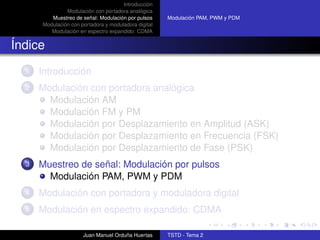 Introducción
               Modulación con portadora analógica
         Muestreo de señal: Modulación por pulsos     Modulación PAM, PWM y PDM
      Modulación con portadora y moduladora digital
         Modulación en espectro expandido: CDMA


Índice
  1   Introducción
  2   Modulación con portadora analógica
        Modulación AM
        Modulación FM y PM
        Modulación por Desplazamiento en Amplitud (ASK)
        Modulación por Desplazamiento en Frecuencia (FSK)
        Modulación por Desplazamiento de Fase (PSK)
  3   Muestreo de señal: Modulación por pulsos
        Modulación PAM, PWM y PDM
  4   Modulación con portadora y moduladora digital
  5   Modulación en espectro expandido: CDMA

                      Juan Manuel Orduña Huertas      TSTD - Tema 2
 