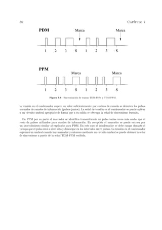 38 Cap´ıtulo 7
1 2 3 S 1 2 3 S
1 2 3 S 1 2 3 S
MarcaMarca
Marca Marca
PPM
PDM
Figura 7.6 Sincronizaci´on de tramas TDM-PDM y TDM-PPM.
la tensi´on en el condensador supere un valor suﬁcientemente por encima de cuando se detecten los pulsos
normales de canales de informaci´on (pulsos juntos). La se˜nal de tensi´on en el condensador se puede aplicar
a un circuito umbral apropiado de forma que a su salida se obtenga la se˜nal de sincronismo buscada.
En PPM por su parte el marcador se identiﬁca transmitiendo un pulso varias veces m´as ancho que el
resto de pulsos utilizados para canales de informaci´on. En recepci´on el marcador se puede extraer por
un procedimiento similar al explicado para PDM. En este caso el condensador se debe cargar durante el
tiempo que el pulso est´a a nivel alto y descargar en los intervalos entre pulsos. La tensi´on en el condensador
superar´a un umbral cuando hay marcador y entonces mediante un circuito umbral se puede obtener la se˜nal
de sincronismo a partir de la se˜nal TDM-PPM recibida.
 