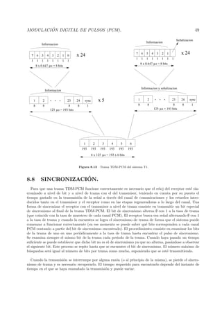 MODULACI ´ON DIGITAL DE PULSOS (PCM). 49
µs = 193 bits125 µs = 193 bits125
µs = 193 x 6 bits6 x 125
µs = 8 bits8 x 0.647
µs = 8 bits8 x 0.647
1 2 3 4 5 6
x 5sync242321 sync242321
193 193 193 193 193 193
8 18 8 8 8 8 8 8 1
· · · · · ·
Informacion y señalizacion
Informacion
Informacion
x 241234567
1 1 1 1 1 1 1 1
Informacion
x 24123456 07
1 1 1 1 1 1 1 1
Señalizacion
Figura 8.13 Trama TDM-PCM del sistema T1.
8.8 SINCRONIZACI´ON.
Para que una trama TDM-PCM funcione correctamente es necesario que el reloj del receptor est´e sin-
cronizado a nivel de bit y a nivel de trama con el del transmisor, teniendo en cuenta por su puesto el
tiempo gastado en la transmisi´on de la se˜nal a trav´es del canal de comunicaciones y los retardos intro-
ducidos tanto en el transmisor y el receptor como en las etapas regeneradoras a lo largo del canal. Una
forma de sincronizar el receptor con el transmisor a nivel de trama consiste en transmitir un bit especial
de sincronismo al ﬁnal de la trama TDM-PCM. El bit de sincronismo alterna ∅ con 1 a la tasa de trama
(que coincide con la tasa de muestreo de cada canal PCM). El receptor busca esa se˜nal alternando ∅ con 1
a la tasa de trama y cuando la encuentra se logra el sincronismo de trama de forma que el sistema puede
comenzar a funcionar correctamente (en ese momento se puede saber qu´e bits corresponden a cada canal
PCM contando a partir del bit de sincronismo encontrado). El procedimiento consiste en examinar los bits
de la trama de uno en uno peri´odicamente a la tasa de trama hasta encontrar el pulso de sincronismo.
Se examina siempre el mismo bit de la trama cada periodo de la trama. Cuando haya pasado un tiempo
suﬁciente se puede establecer que dicho bit no es el de sincronismo ya que no alterna, pas´andose a observar
el siguiente bit. Este proceso se repite hasta que se encuentre el bit de sincronismo. El n´umero m´aximo de
b´usquedas ser´a igual al n´umero de bits por trama como mucho, suponiendo que se est´e transmitiendo.
Cuando la transmisi´on se interrumpe por alguna raz´on (o al principio de la misma), se pierde el sincro-
nismo de trama y es necesario recuperarlo. El tiempo requerido para encontrarlo depende del instante de
tiempo en el que se haya reanudado la transmisi´on y puede variar.
 