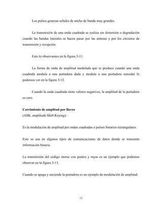 Los pulsos generan señales de ancho de banda muy grandes.


       La transmisión de una onda cuadrada se realiza sin distorsión o degradación
cuando las bandas laterales se hacen pasar por las antenas y por los circuitos de
transmisión y recepción.


       Esto lo observamos en la figura 3-11.


       La forma de onda de amplitud modulada que se produce cuando una onda
cuadrada modula a una portadora dada y modula a una portadora senoidal lo
podemos ver en la figura 3-12.


       Cuando la onda cuadrada tiene valores negativos, la amplitud de la portadora
es cero.


Corrimiento de amplitud por llaveo
(ASK, amplitude Shift Keying):


Es la modulación de amplitud por ondas cuadradas o pulsos binarios rectangulares.


Esto se usa en algunos tipos de comunicaciones de datos donde se transmite
información binaria.


La transmisión del código morse con puntos y rayas es un ejemplo que podemos
observar en la figura 3-13.


Cuando se apaga y enciende la portadora es un ejemplo de modulación de amplitud.




                                         11
 