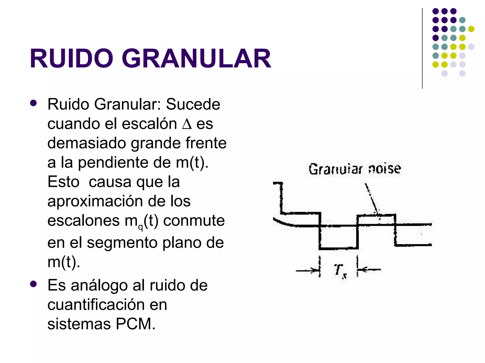 RUIDO GRANULAR Ruido Granular: Sucede cuando el escalón    es demasiado grande frente a la pendiente de m(t). Esto  causa que la aproximación de los escalones m q (t) conmute en el segmento plano de m(t). Es análogo al ruido de cuantificación en sistemas PCM. 