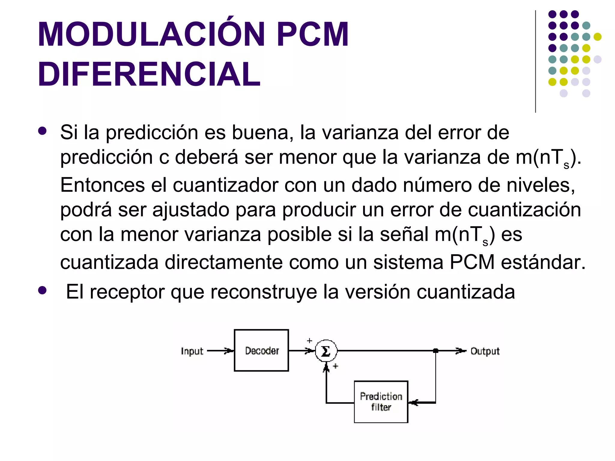 MODULACIÓN PCM DIFERENCIAL Si la predicción es buena, la varianza del error de predicción c deberá ser menor que la varianza de m(nT s ). Entonces el cuantizador con un dado número de niveles, podrá ser ajustado para producir un error de cuantización con la menor varianza posible si la señal m(nT s ) es cuantizada directamente como un sistema PCM estándar. El receptor que reconstruye la versión cuantizada 