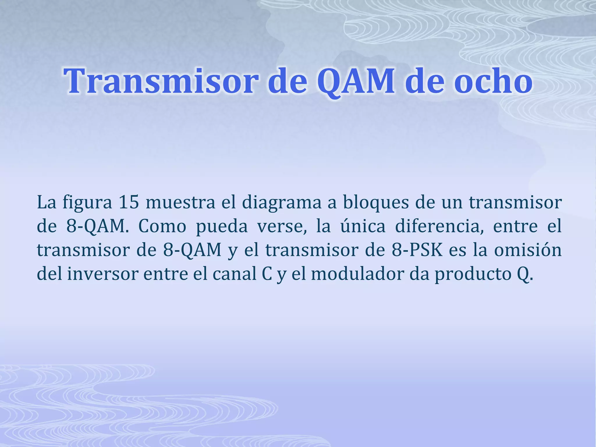 Transmisor de QAM de ochoLa figura 15 muestra el diagrama a bloques de un transmisor de 8-QAM. Como pueda verse, la única diferencia, entre el transmisor de 8-QAM y el transmisor de 8-PSK es la omisión del inversor entre el canal C y el modulador da producto Q.