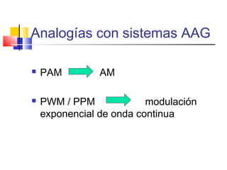 Analogías con sistemas AAG
 PAM AM
 PWM / PPM modulación
exponencial de onda continua
 