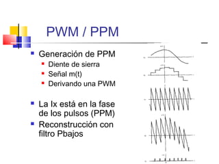 PWM / PPM
 Generación de PPM
 Diente de sierra
 Señal m(t)
 Derivando una PWM
 La Ix está en la fase
de los pulsos (PPM)
 Reconstrucción con
filtro Pbajos
 