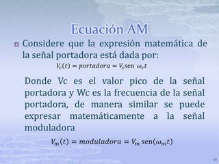 15Ecuación AMConsidere que la expresión matemática de la señal portadora está dada por:Donde Vc es el valor pico de la señal portadora y Wces la frecuencia de la señal portadora, de manera similar se puede  expresar matemáticamente a la señal moduladora