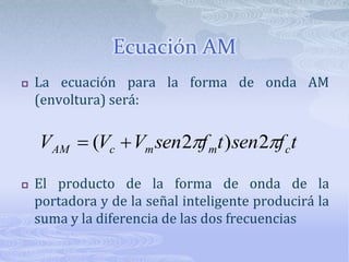 Ecuación AMLa ecuación para la forma de onda AM (envoltura) será:El producto de la forma de onda de la portadora y de la señal inteligente producirá la suma y la diferencia de las dos frecuencias