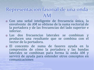 Representación fasorial de una onda AMCon una señal inteligente de frecuencia única, la envolvente  de AM se obtiene de la suma vectorial de la portadora y de las frecuencias del lado superior e inferior.Las dos frecuencias laterales se combinan y producen una resultante que se combina con el vector de la portadora.El concento de suma de fasores ayuda en la compresión de cómo la portadora y las bandas laterales se combinan para forma la onda AM y servirá de ayuda para entender otros conceptos en comunicaciones