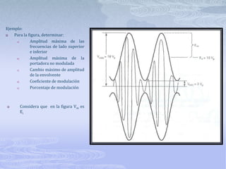 Ejemplo:Para la figura, determinar:Amplitud máxima de las frecuencias de lado superior e inferiorAmplitud máxima de la portadora no moduladaCambio máximo de amplitud de la envolventeCoeficiente de modulaciónPorcentaje de modulaciónConsidera que  en la figura Vm es Ei