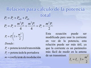 Relación para cálculo de la potencia total Esta ecuación puede ser modificada para usar la corriente en vez de la potencia, esta relación puede ser más útil, ya que la corriente es un parámetro más fácil de medir en la antena de un transmisor.
