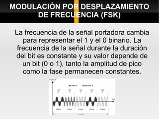 MODULACIÓN POR DESPLAZAMIENTO
     DE FRECUENCIA (FSK)

 La frecuencia de la señal portadora cambia
    para representar el 1 y el 0 binario. La
  frecuencia de la señal durante la duración
 del bit es constante y su valor depende de
    un bit (0 o 1), tanto la amplitud de pico
    como la fase permanecen constantes.
 