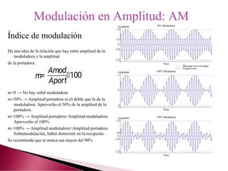 Índice de modulación
Da una idea de la relación que hay entre amplitud de la
moduladora y la amplitud
de la portadora:
m=0 → No hay señal moduladora
m=50% → Amplitud portadora es el doble que la de la
moduladora. Aprovecho el 50% de la amplitud de la
portadora.
m=100% → Amplitud portadora=Amplitud moduladora.
Aprovecho el 100%
m>100% → Amplitud moduladora>Amplitud portadora.
Sobremodulación, habrá distorsión en la recepción.
Se recomienda que m nunca sea mayor del 90%
Modulación en Amplitud: AM
 