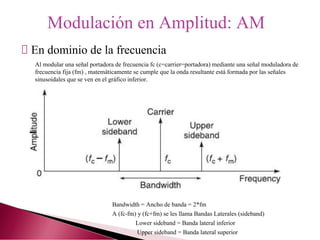 En dominio de la frecuencia
Modulación en Amplitud: AM
Al modular una señal portadora de frecuencia fc (c=carrier=portadora) mediante una señal moduladora de
frecuencia fija (fm) , matemáticamente se cumple que la onda resultante está formada por las señales
sinusoidales que se ven en el gráfico inferior.
Bandwidth = Ancho de banda = 2*fm
A (fc-fm) y (fc+fm) se les llama Bandas Laterales (sideband)
Lower sideband = Banda lateral inferior
Upper sideband = Banda lateral superior
 