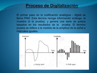 Proceso de Digitalización
El primer paso en la codificación analógica - digital se
llama PAM. Esta técnica recoge información análoga, la
muestra (ó la prueba), y genera una serie de pulsos
basados en los resultados de la prueba. El término
prueba se refiere a la medida de la amplitud de la señal a
intervalos iguales.
 