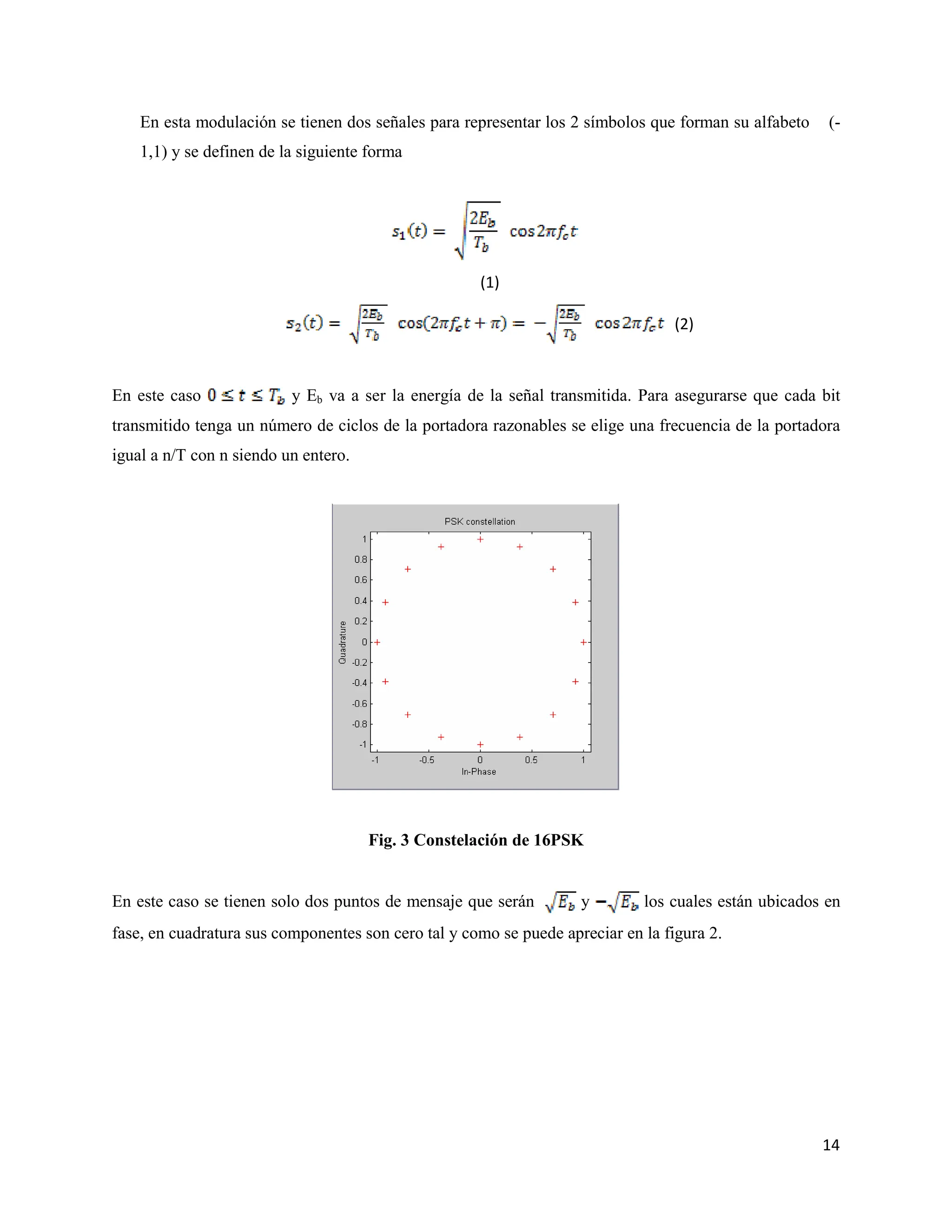 14
En esta modulación se tienen dos señales para representar los 2 símbolos que forman su alfabeto (-
1,1) y se definen de la siguiente forma
(1)
(2)
En este caso y Eb va a ser la energía de la señal transmitida. Para asegurarse que cada bit
transmitido tenga un número de ciclos de la portadora razonables se elige una frecuencia de la portadora
igual a n/T con n siendo un entero.
Fig. 3 Constelación de 16PSK
En este caso se tienen solo dos puntos de mensaje que serán y los cuales están ubicados en
fase, en cuadratura sus componentes son cero tal y como se puede apreciar en la figura 2.
 