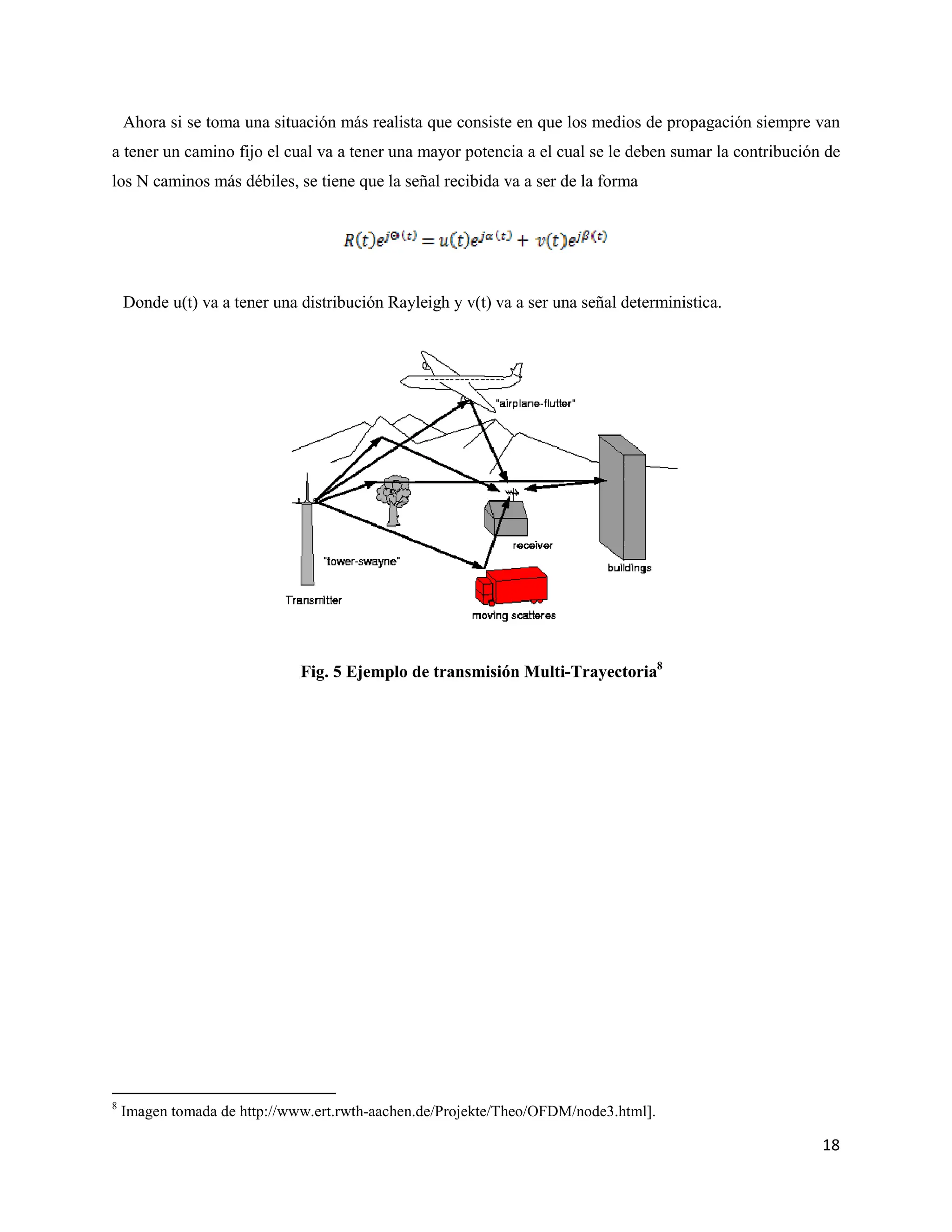 18
Ahora si se toma una situación más realista que consiste en que los medios de propagación siempre van
a tener un camino fijo el cual va a tener una mayor potencia a el cual se le deben sumar la contribución de
los N caminos más débiles, se tiene que la señal recibida va a ser de la forma
Donde u(t) va a tener una distribución Rayleigh y v(t) va a ser una señal deterministica.
Fig. 5 Ejemplo de transmisión Multi-Trayectoria8
8
Imagen tomada de http://www.ert.rwth-aachen.de/Projekte/Theo/OFDM/node3.html].
 
